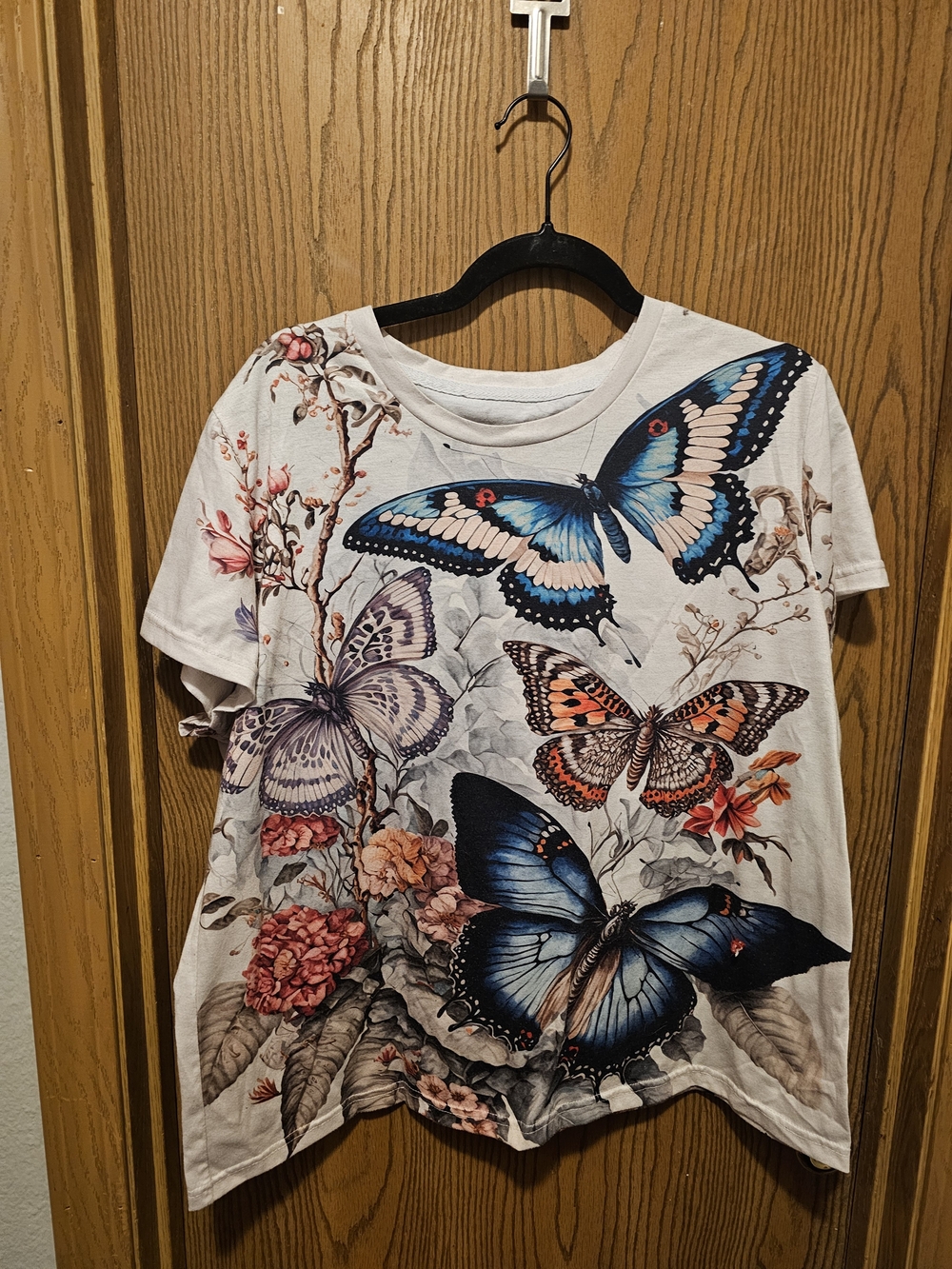 White Short Sleeve Tee with Blue Butterfly Print